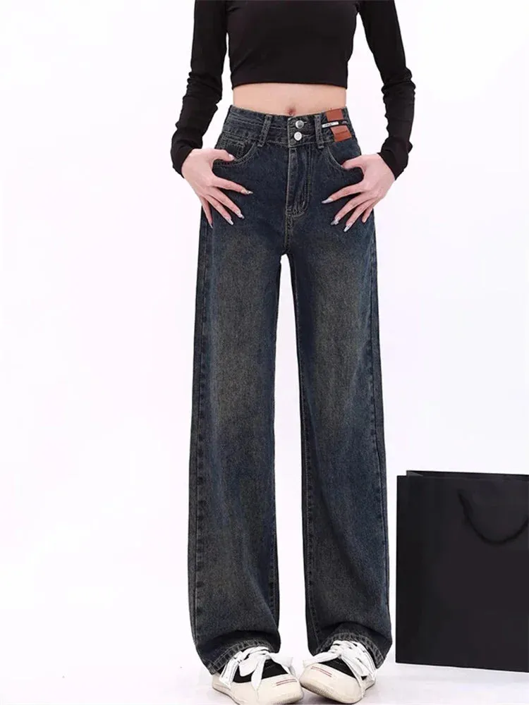 Toleet Vintage Baggy Jeans Women 2 Button 2024 New Fashion Casual Straight High Waisted Jeans Chic Full Length Wide Leg Jeans