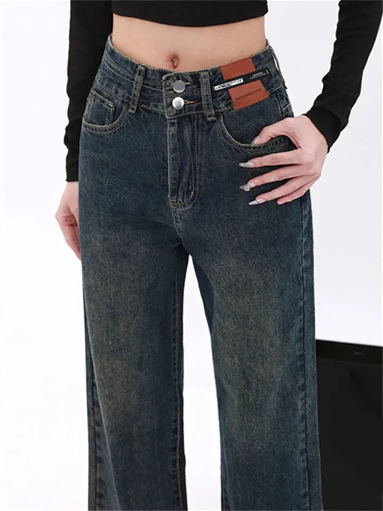 Toleet Vintage Baggy Jeans Women 2 Button 2024 New Fashion Casual Straight High Waisted Jeans Chic Full Length Wide Leg Jeans