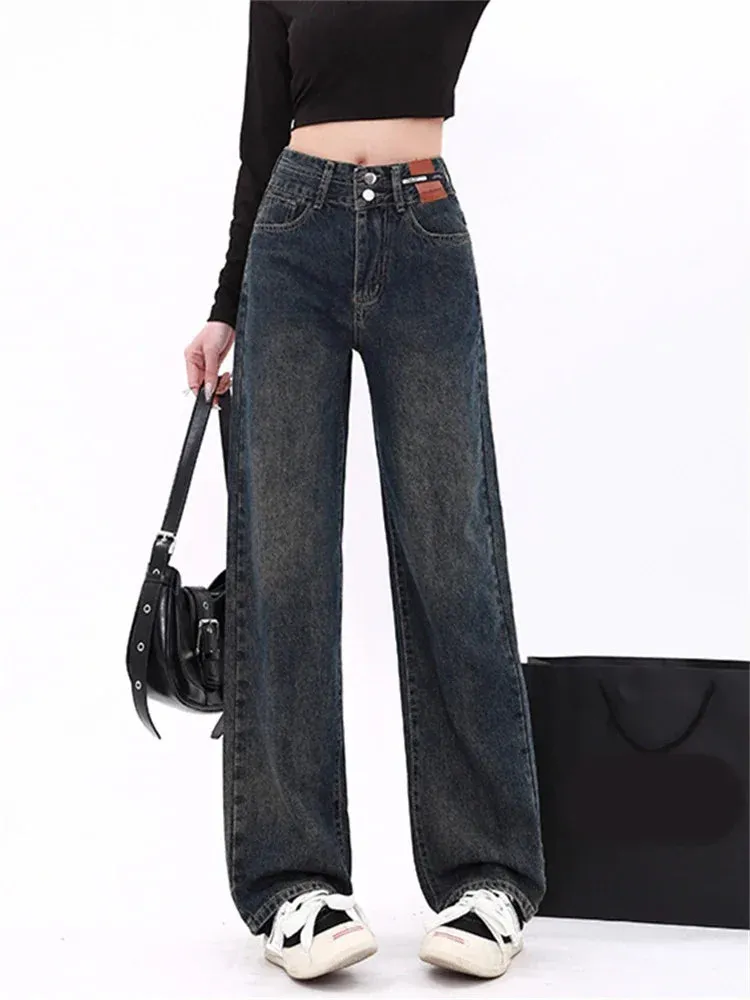 Toleet Vintage Baggy Jeans Women 2 Button 2024 New Fashion Casual Straight High Waisted Jeans Chic Full Length Wide Leg Jeans