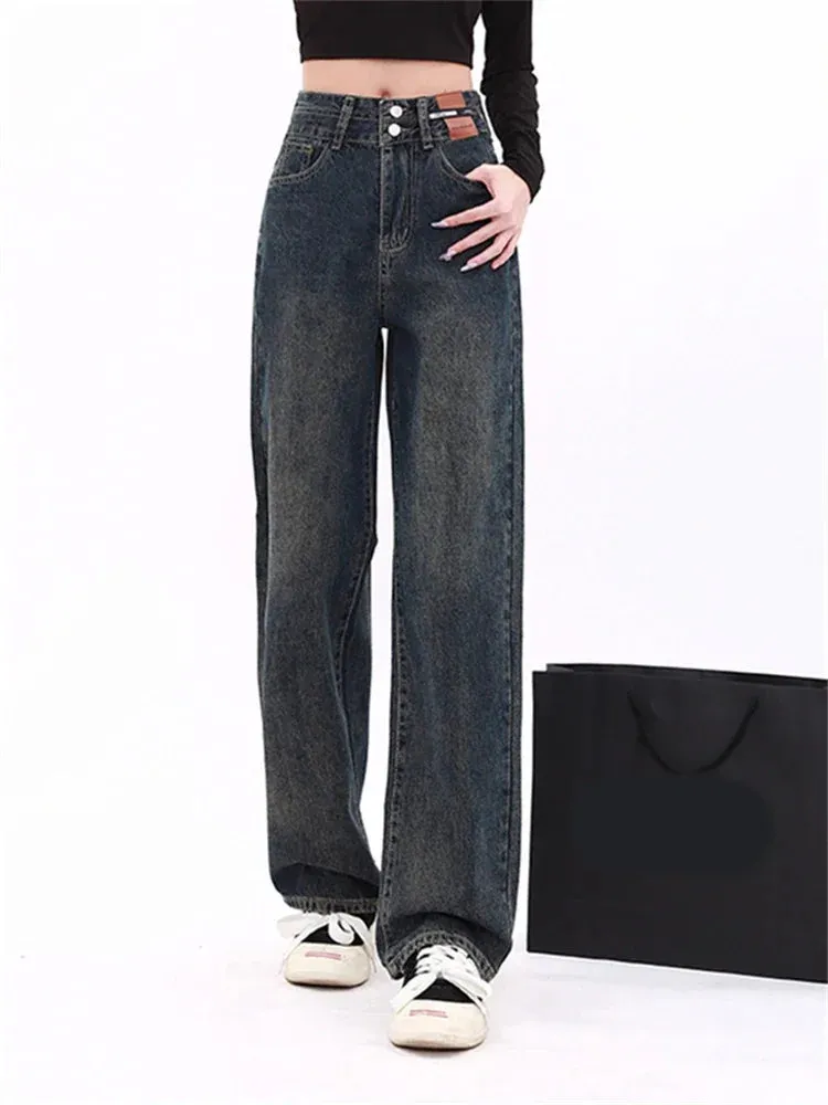 Toleet Vintage Baggy Jeans Women 2 Button 2024 New Fashion Casual Straight High Waisted Jeans Chic Full Length Wide Leg Jeans