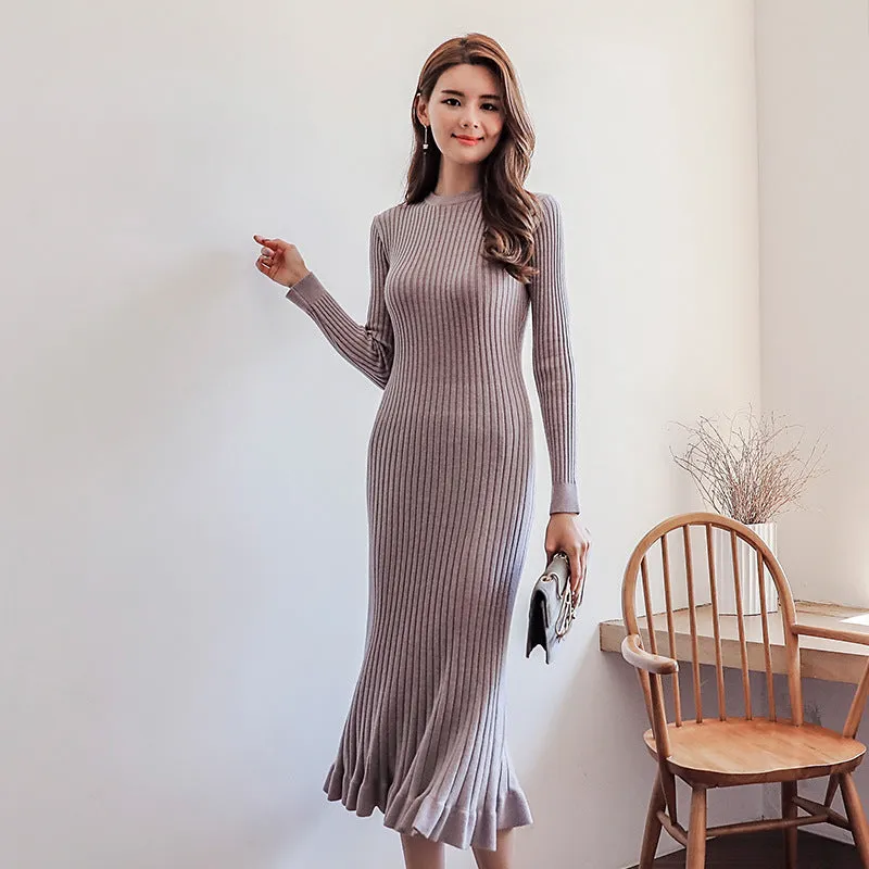 Toleet-Winter outfits Ribbed-knit Jersey Dress Long Sleeve Ruffle Hem Solid Color Crew Neck Sweater Dress  Knitwear Autumn/Winter Woman Clothing