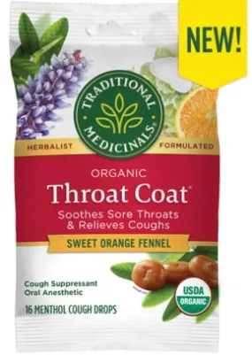 Traditional Medicinals Throat Coat Cough Drops Organic Sweet Orange Fennel 16ct