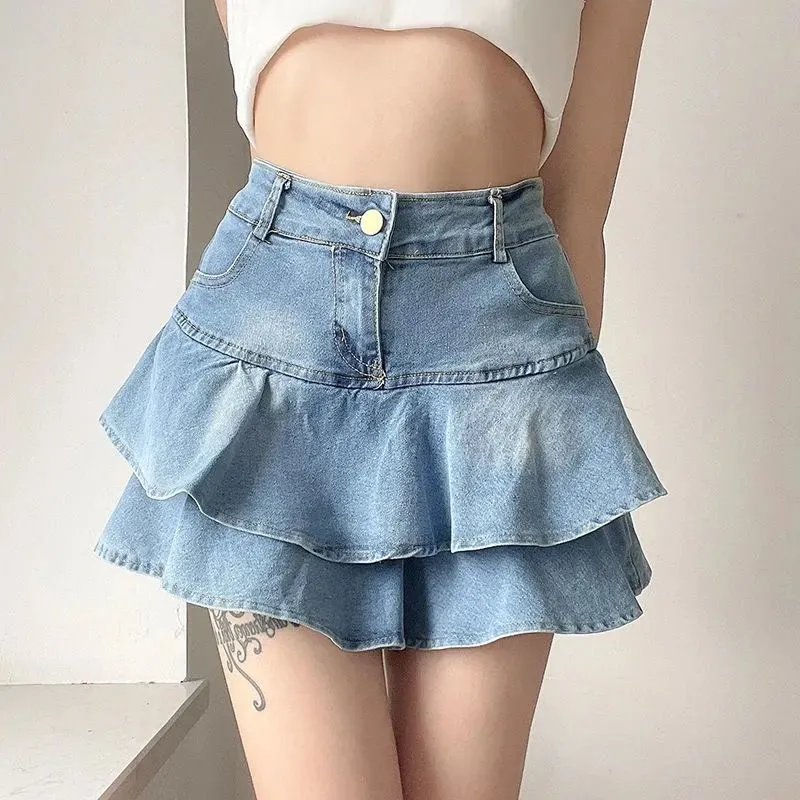 Uniwim 2000s fashion Sweet and Spicy Washed Denim Pleated Skirt Women's Summer New Anti-Exposure All-Match Ruffled Skirt with Lining