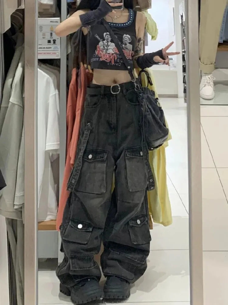 Uniwim Y2K Cargo Jeans Pants Women Street Loose Oversize Panelled Pentacle Raw Hem Pant 2024 Vintage Blue Hip Hop Female Denim Trousers