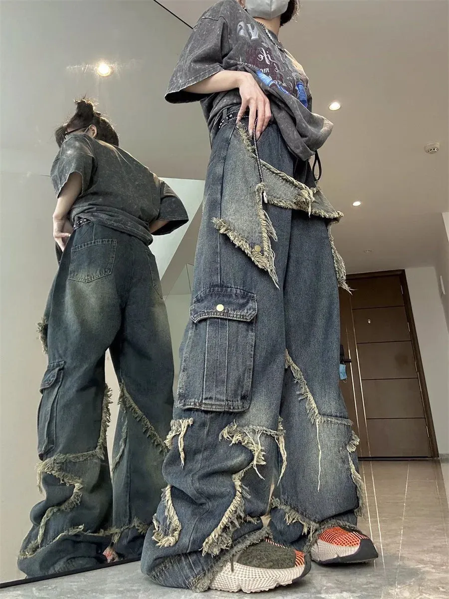 Uniwim Y2K Cargo Jeans Pants Women Street Loose Oversize Panelled Pentacle Raw Hem Pant 2024 Vintage Blue Hip Hop Female Denim Trousers