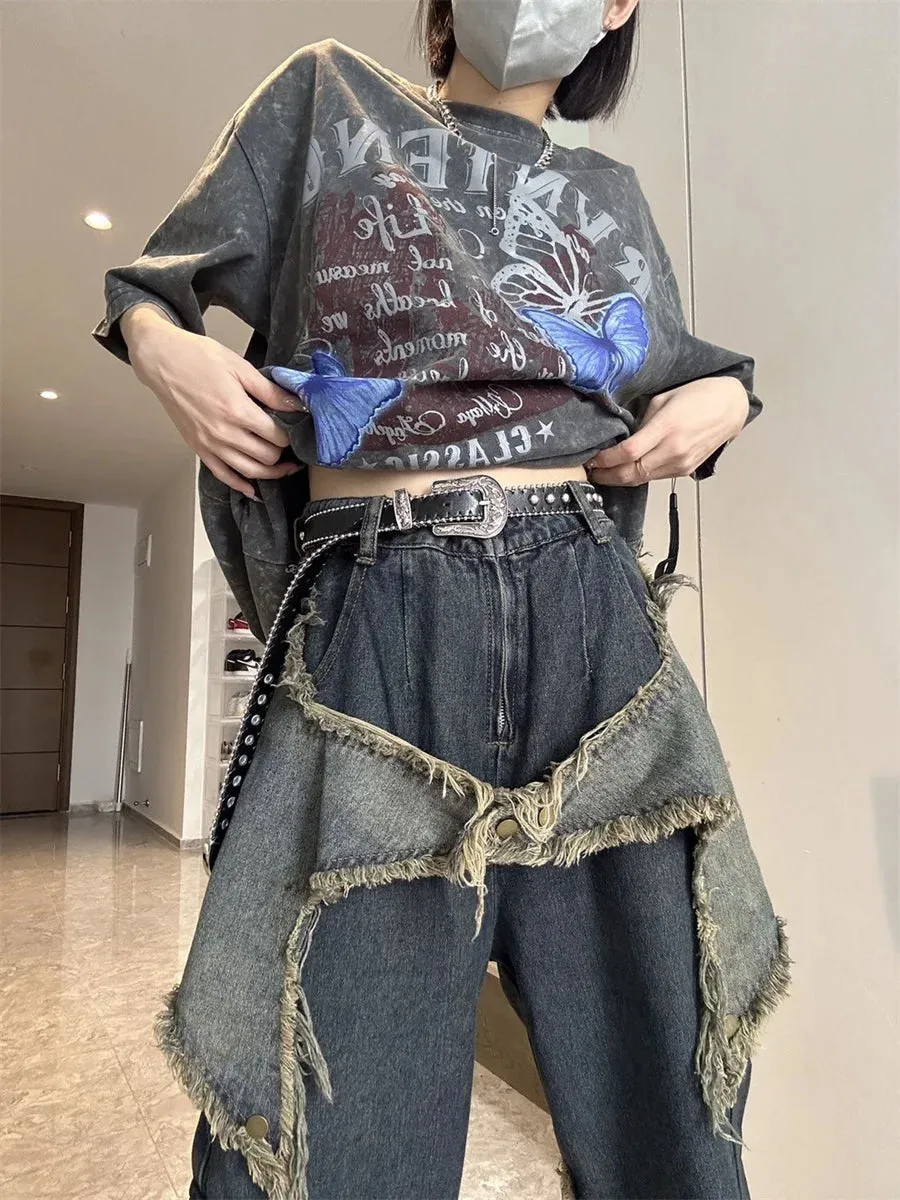 Uniwim Y2K Cargo Jeans Pants Women Street Loose Oversize Panelled Pentacle Raw Hem Pant 2024 Vintage Blue Hip Hop Female Denim Trousers