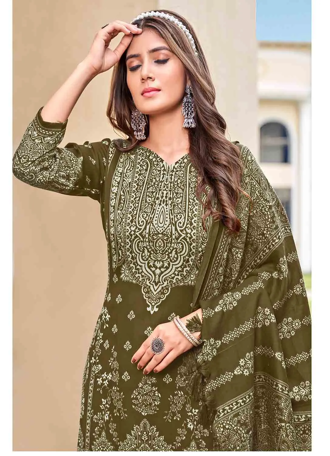 Unstitched Green Pashmina Winter Women Suit Dress Material with Shawl