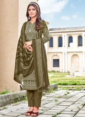 Unstitched Green Pashmina Winter Women Suit Dress Material with Shawl