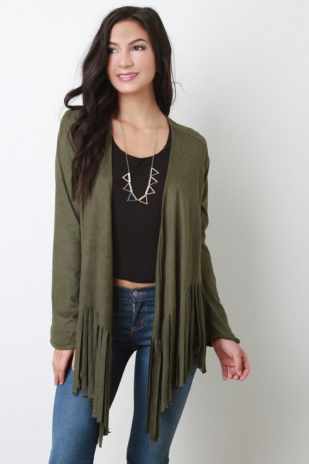 Vegan Suede Asymmetrical Fringe Cardigan