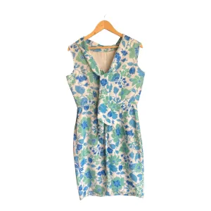 Vintage Cream Blue And Green Floral Sleeveless Dress UK Size 14