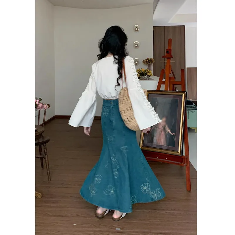 Wenkouban grunge outfits Versatile Niche Design Printed Women's Denim Skirt French Retro Dress
