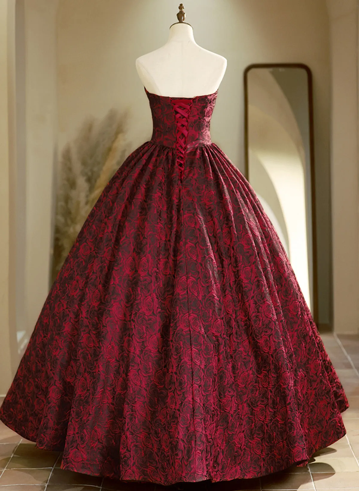 Wine Red Floral Lace V-neckline Long Evening Dress, Wine Red Prom Dress