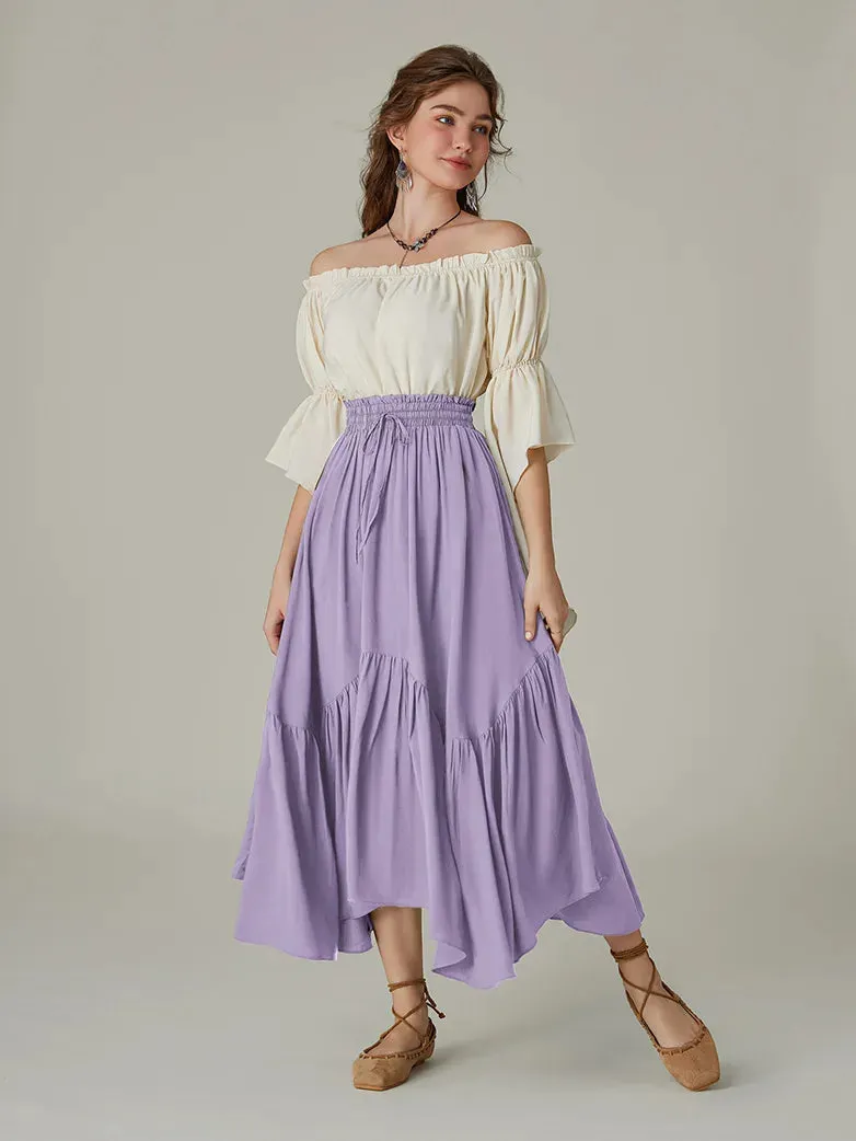 Women Elastic Waist Irregular Hem Flared Swing Skirt