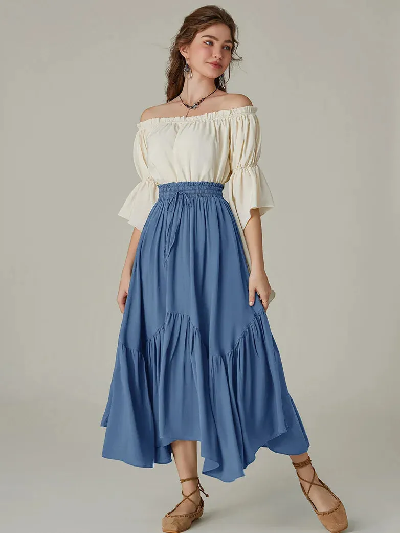 Women Elastic Waist Irregular Hem Flared Swing Skirt