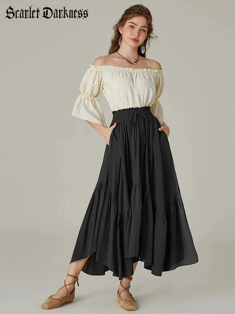 Women Elastic Waist Irregular Hem Flared Swing Skirt