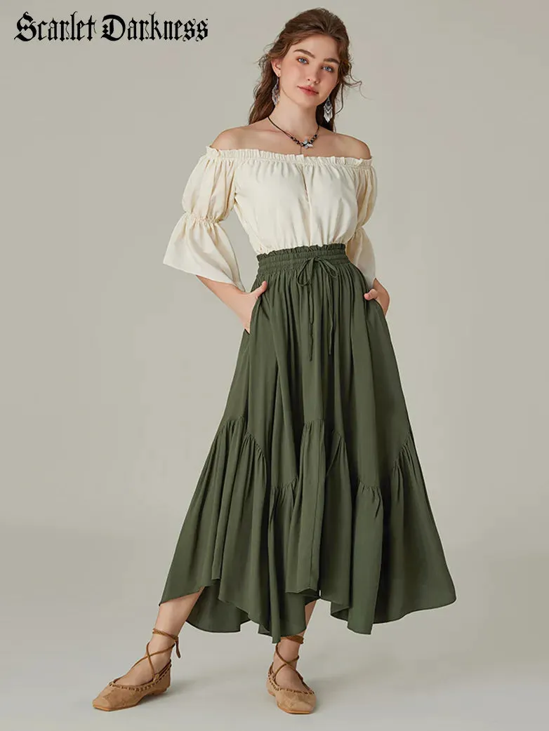 Women Elastic Waist Irregular Hem Flared Swing Skirt