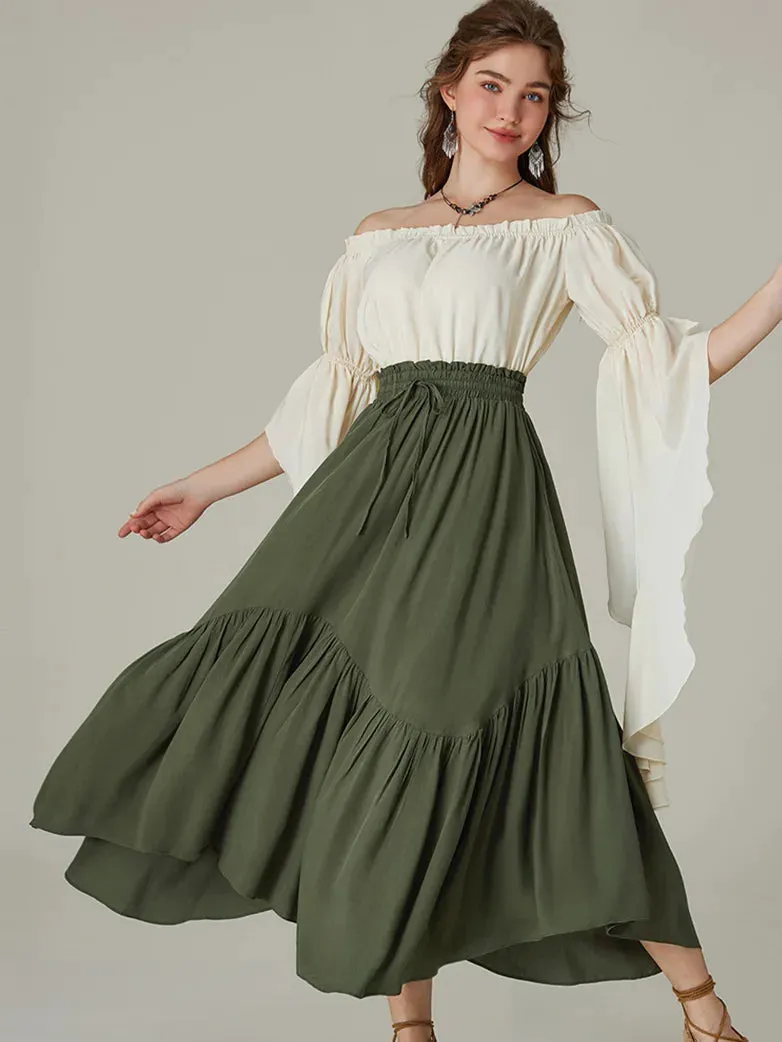 Women Elastic Waist Irregular Hem Flared Swing Skirt