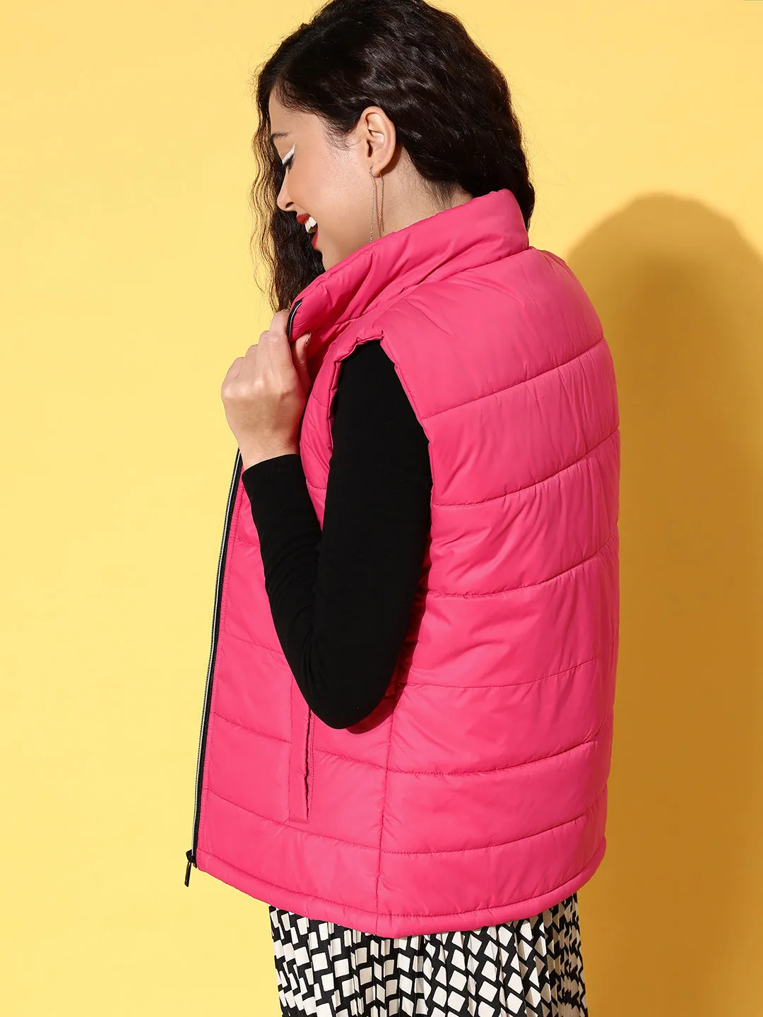 Women Fuchsia Quilted Sleeveless Puffer Jacket