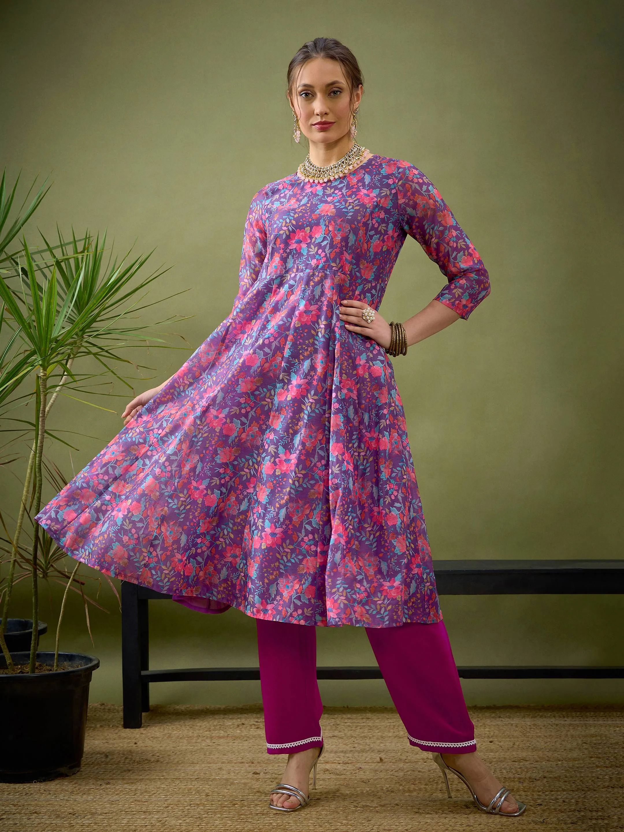 Women Purple Floral Anarkali Maxi Dress