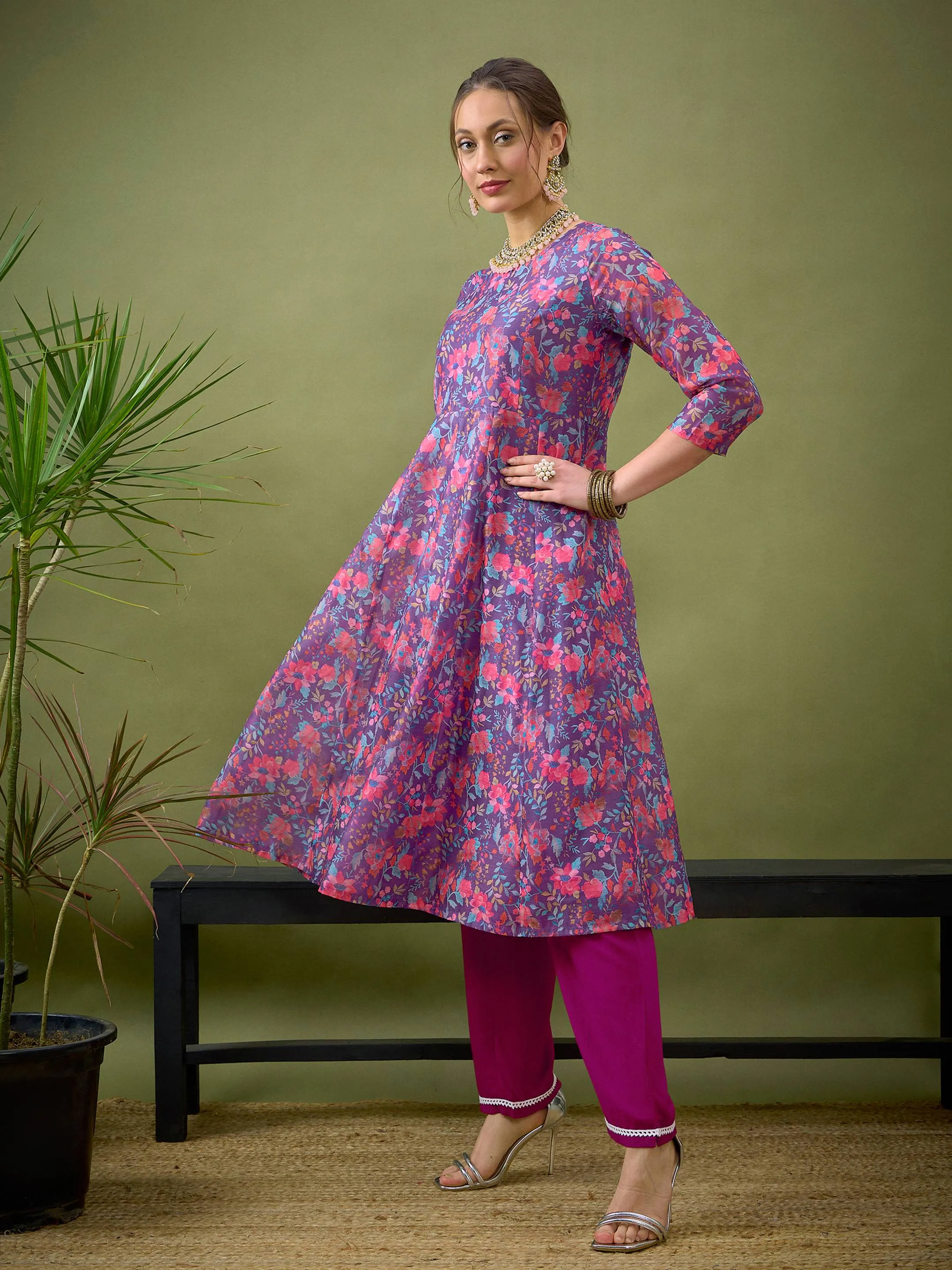 Women Purple Floral Anarkali Maxi Dress