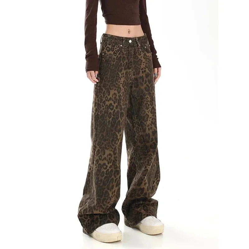 Women's jeans American Retro High Street Leopard Print Loose Wide Leg Pants Y2k Hip-hop Cargo Grunge Girls Baggy Trousers