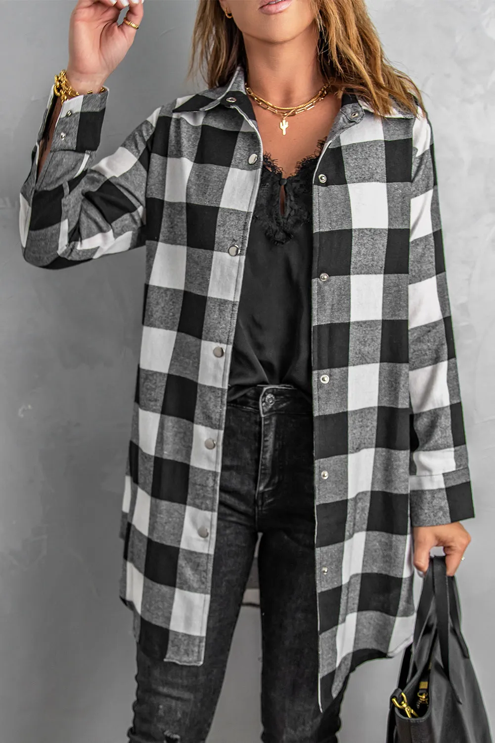 Women's Longline Plaid Shirt Coat with Turn-Down Collar | Classic British Style