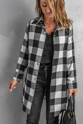 Women's Longline Plaid Shirt Coat with Turn-Down Collar | Classic British Style