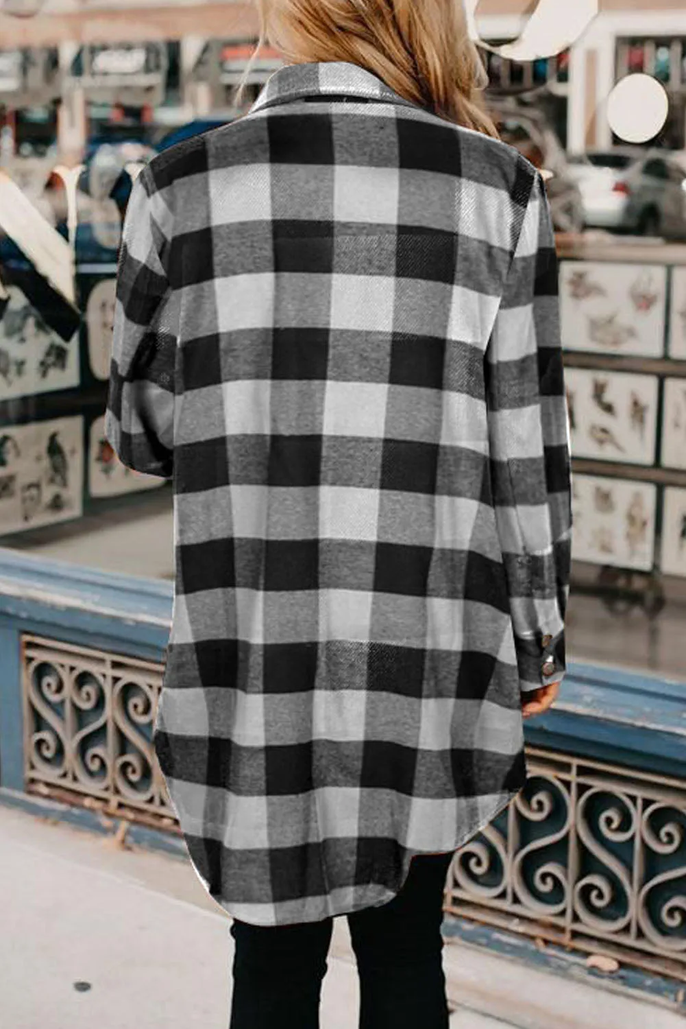 Women's Longline Plaid Shirt Coat with Turn-Down Collar | Classic British Style