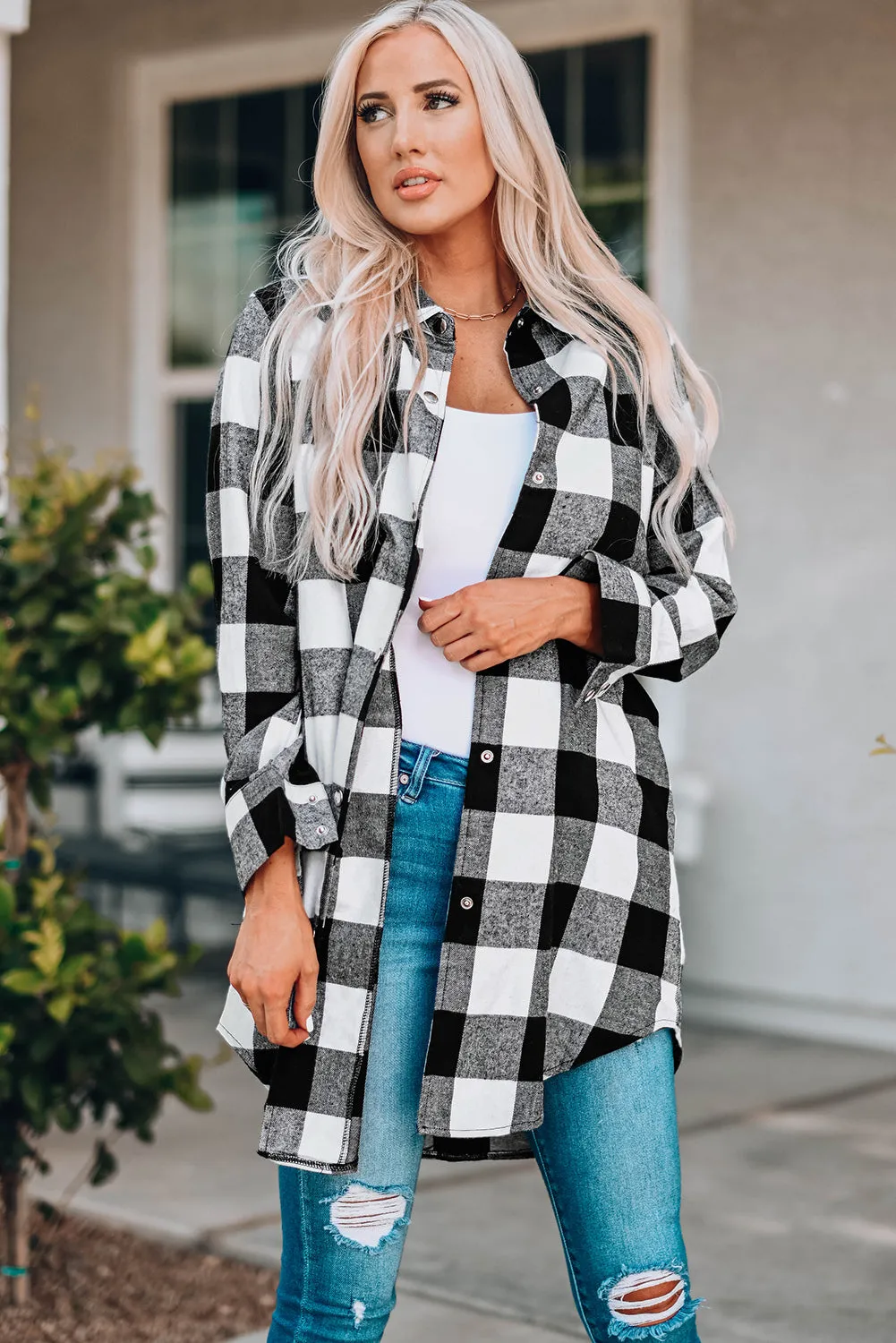 Women's Longline Plaid Shirt Coat with Turn-Down Collar | Classic British Style