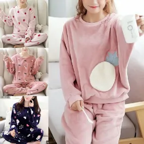 Women's Thick Cartoon Flannel Pajamas Set Sleepwear Winter Warm Long Sleeve Coral Fleece Loungewear