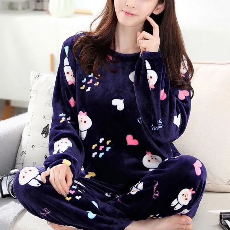 Women's Thick Cartoon Flannel Pajamas Set Sleepwear Winter Warm Long Sleeve Coral Fleece Loungewear