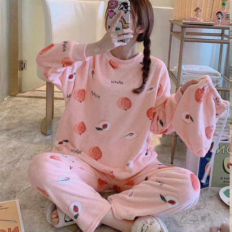 Women's Thick Cartoon Flannel Pajamas Set Sleepwear Winter Warm Long Sleeve Coral Fleece Loungewear