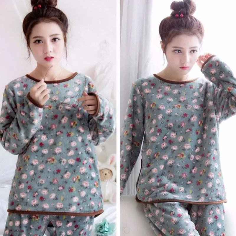 Women's Thick Cartoon Flannel Pajamas Set Sleepwear Winter Warm Long Sleeve Coral Fleece Loungewear