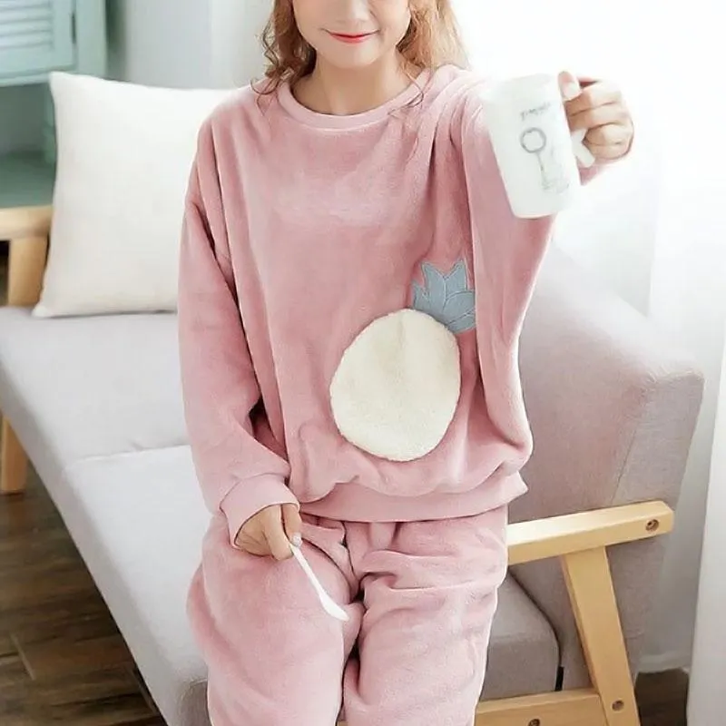 Women's Thick Cartoon Flannel Pajamas Set Sleepwear Winter Warm Long Sleeve Coral Fleece Loungewear