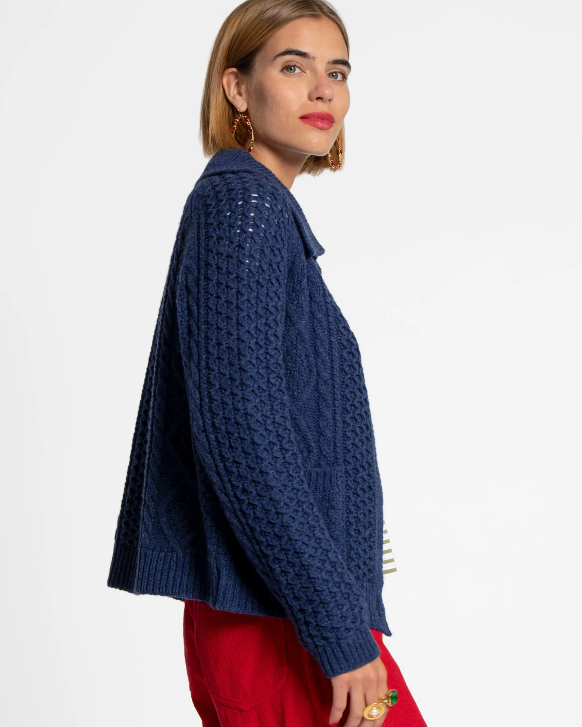 Wool Fisherman Cardigan Sweater Navy