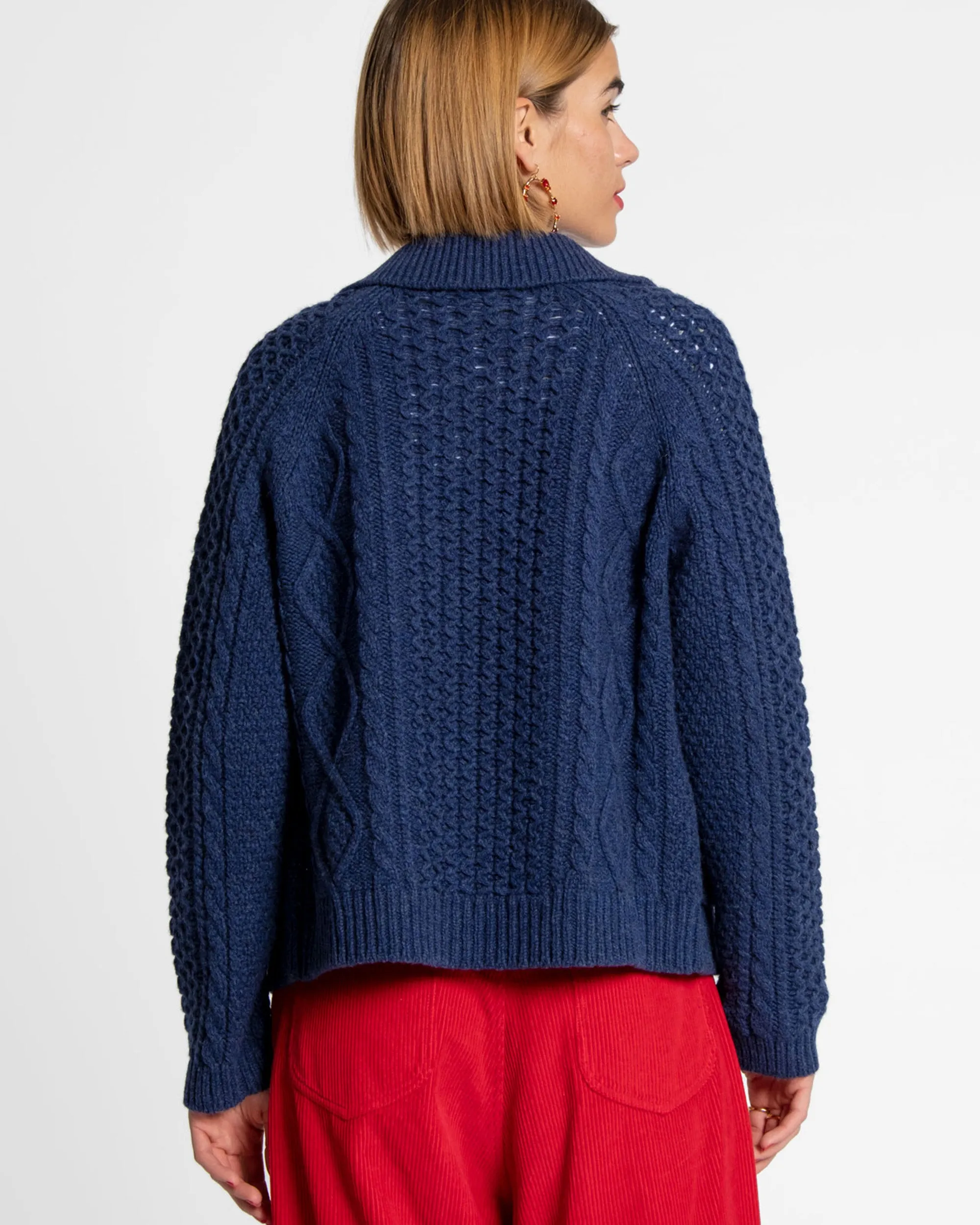 Wool Fisherman Cardigan Sweater Navy