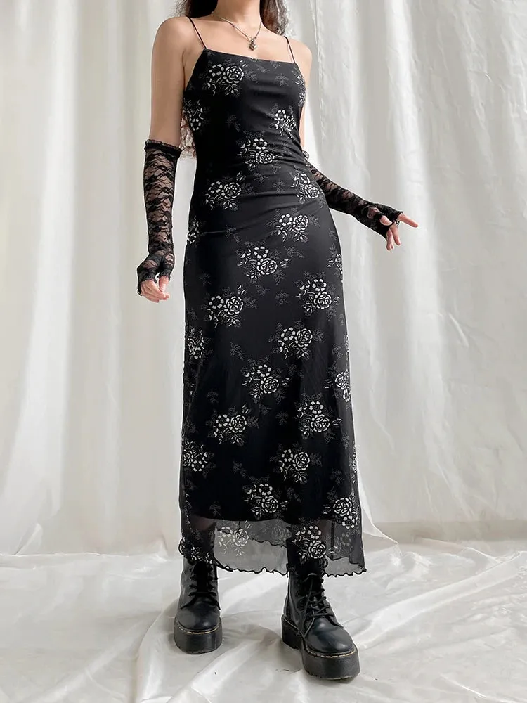 Y2K Retro Fashion Strap Printing Summer Maxi Dress Women Fairycore Grunge Chic Party Long Mesh Dresses Gothic Clothes