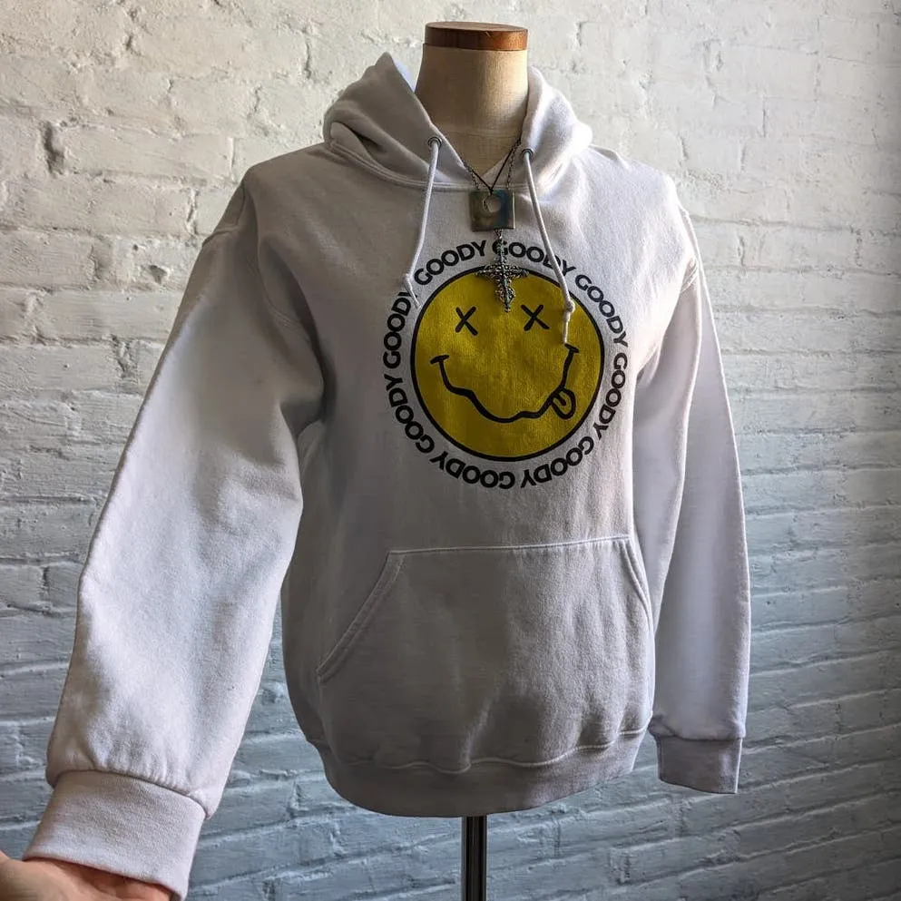 Y2K White Smiley Face Sweater Retro 90s Graphic Print Groovy Trippy Sweatshirt